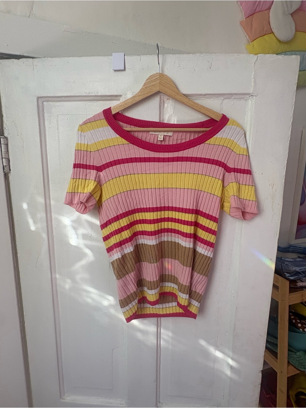 Vintage y2k Etcetera Short Sleeve Ribbed Stripe Top - Pink, Yellow, Brown